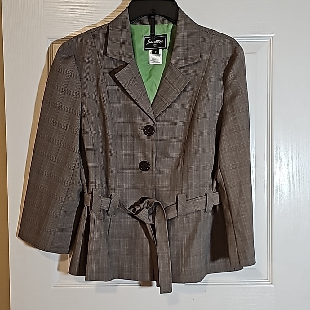 Sweet Suit Grey Taupe Plaid Belted Suit Jacket Blazer Size 8